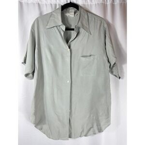Express Silk Y2K Top Petite Medium Green Short Sleeve Button Down‎ Blouse